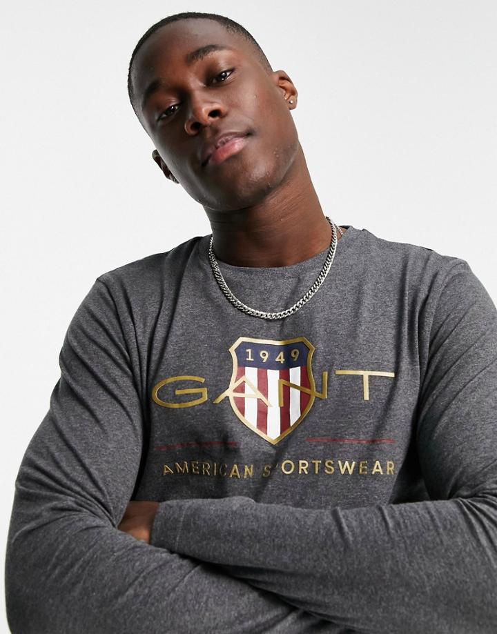 Gant Archive Shield Long Sleeve Top In Anthracite Heather-grey