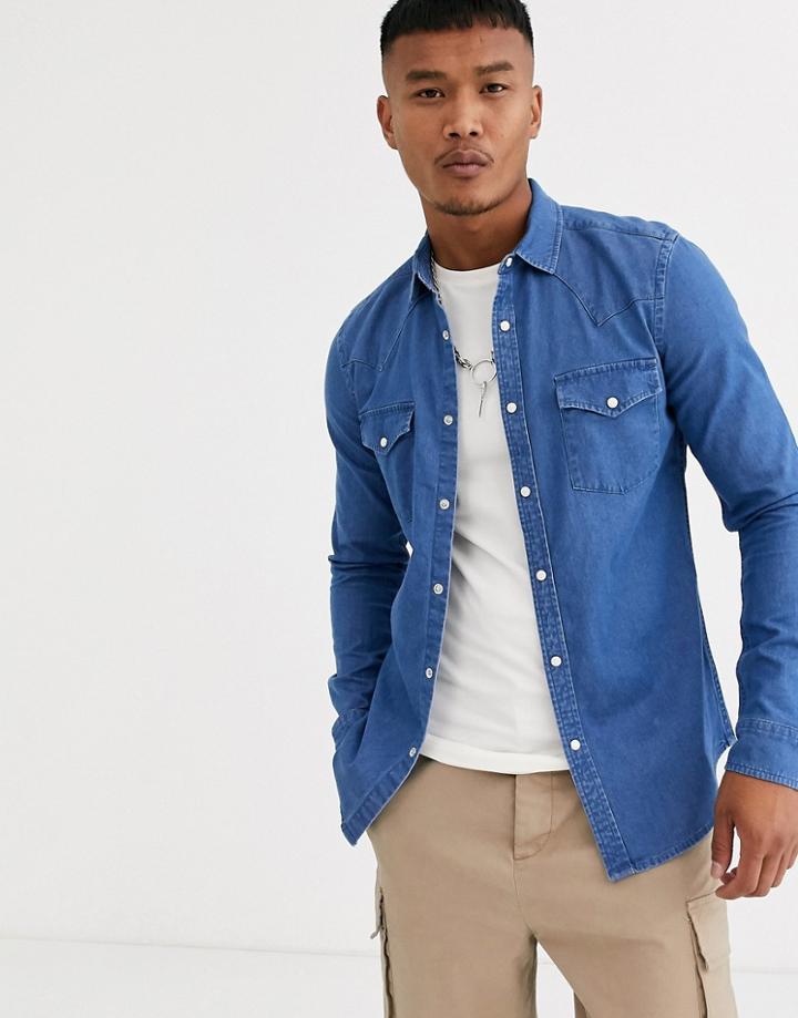 Asos Design Skinny Fit Western Organic Denim Shirt In Mid Wash
