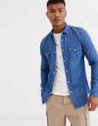 Asos Design Skinny Fit Western Organic Denim Shirt In Mid Wash