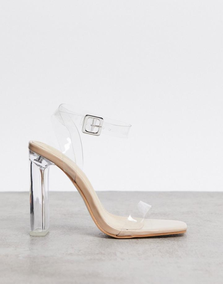 Public Desire Tribute Square Toe Clear Heeled Sandals In Beige-neutral