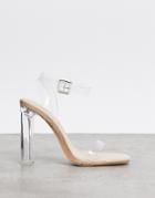 Public Desire Tribute Square Toe Clear Heeled Sandals In Beige-neutral