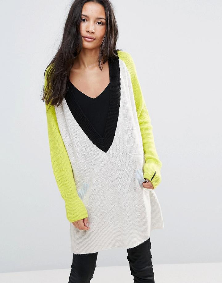 Noisy May Color Blocked V Neck Sweater - Multi