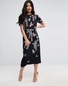 Asos Butterfly Embroidered Tshirt Midi Dress - Black