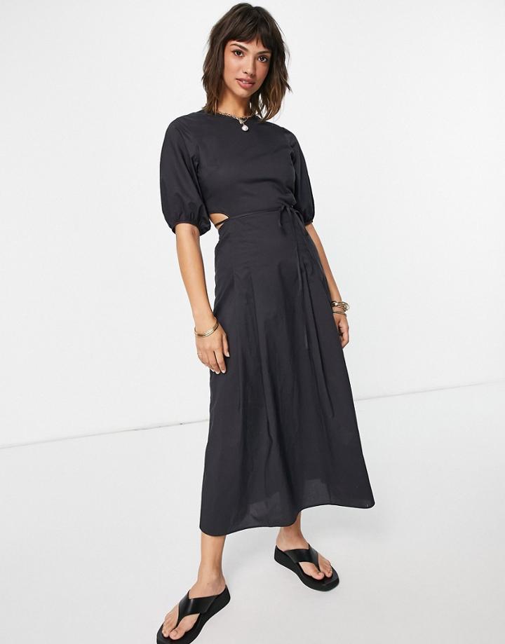 & Other Stories Organic Cotton Cut Out Waist Midi Dress In Washed Black