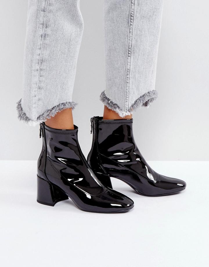 Bershka Vinyl Chunky Heel Boot - Black