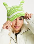Asos Design Pointed Rib Beanie In Green And White Stipe-multi