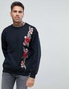 Boohooman Floral Embroidered Sweater In Black - Black