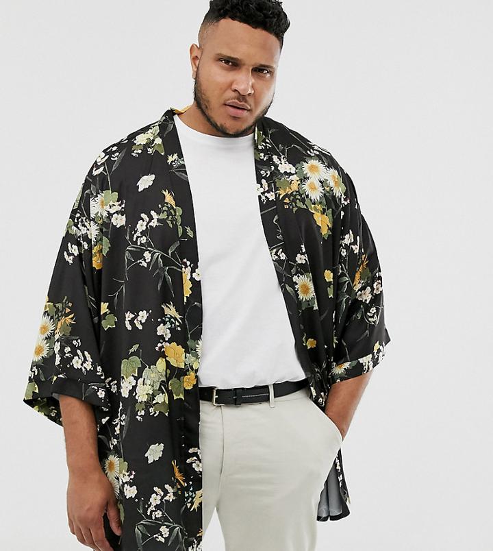Asos Design Plus Kimono In Black Floral