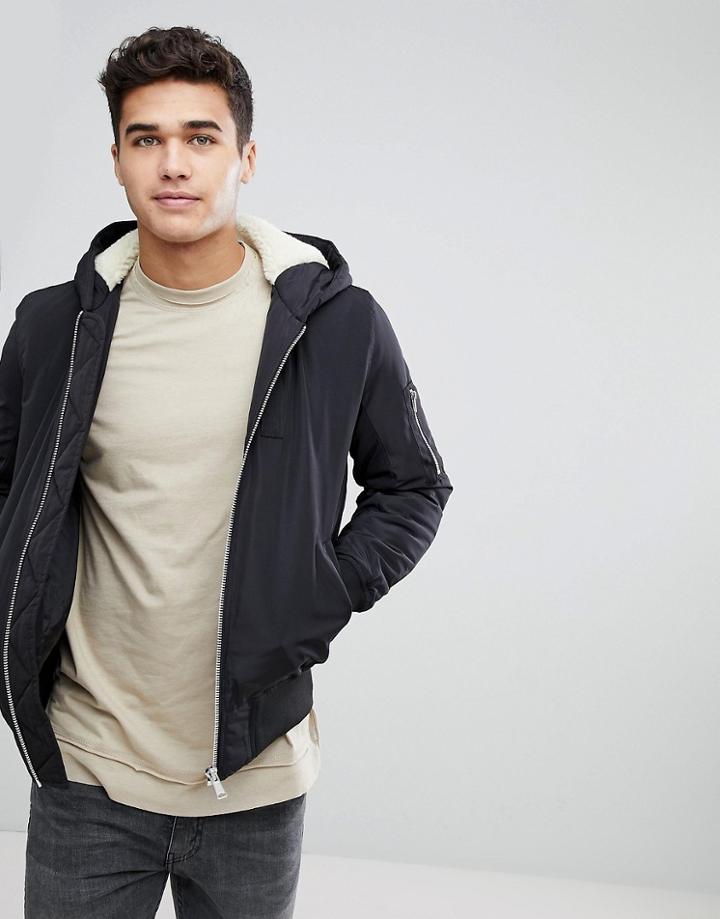Asos Fleece Lined Hooded Bomber Jacket With Ma1 Pocket In Black - Black