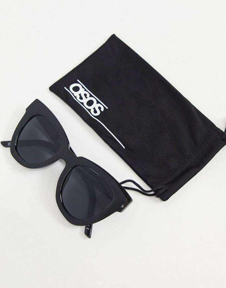 Asos Design Recycled Frame Chunky Flare Cat Eye Sunglasses In Shiny Black