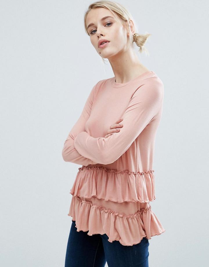 Brave Soul Frill Edge T-shirt - Pink