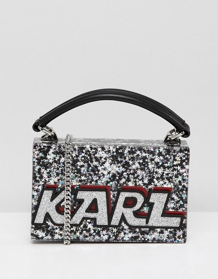 Karl Lagerfeld Logo Glitter Minaudiere Box Bag - Silver