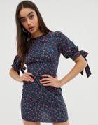 Fashion Union Mini Tea Dress With Tie Sleeves - Navy