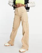 Pull & Bear High Waist Wide Leg Cargo Pants In Beige-neutral