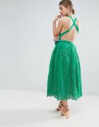Asos Salon Lace Pinny Backless Full Midi Prom Dress - Green