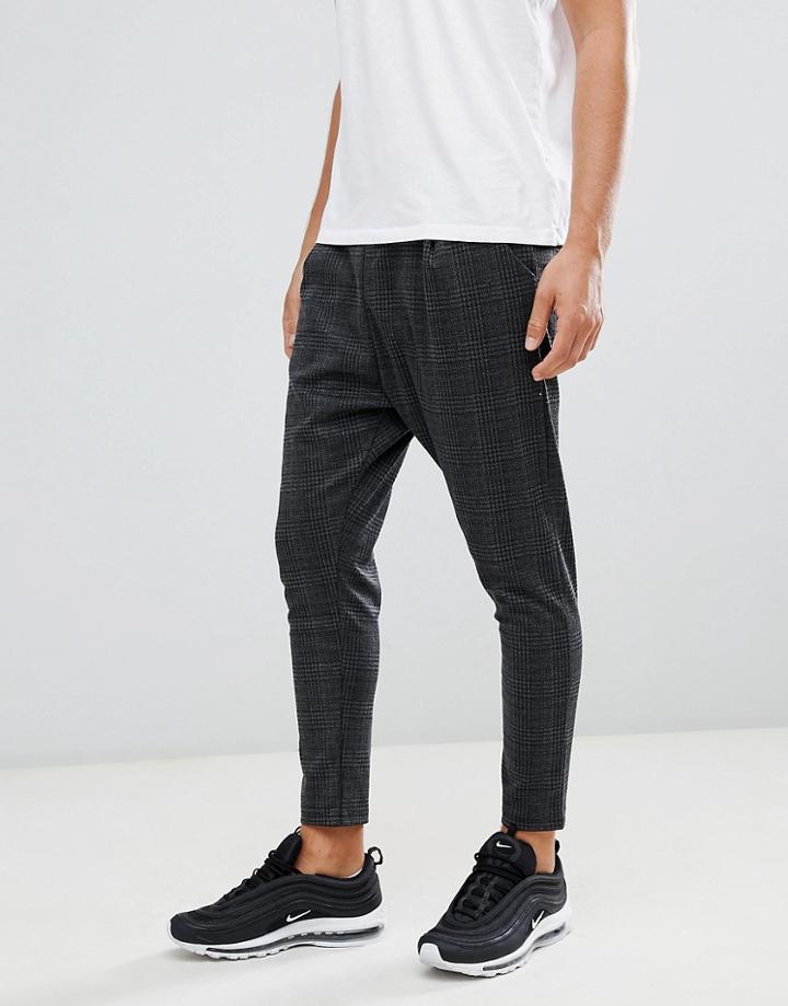 Boohooman Smart Pants With Drawstring Waist In Gray Check - Gray