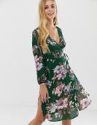 Brave Soul Wrap Front Midi Dress In Green Floral - Green