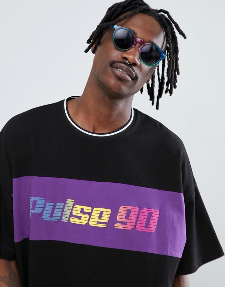 Asos Design Oversized T-shirt With Color Block And Pulse Gradient Print - Black