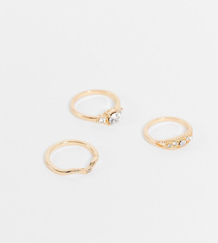 Reclaimed Vintage Inspired Pretty Crystal Rings In Gold 3 Pack