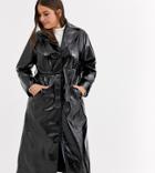 Daisy Street Plus Belted Maxi Trench Coat In Vinyl-black