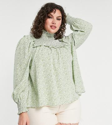 Glamorous Curve High Neck Smock Blouse In Green Floral