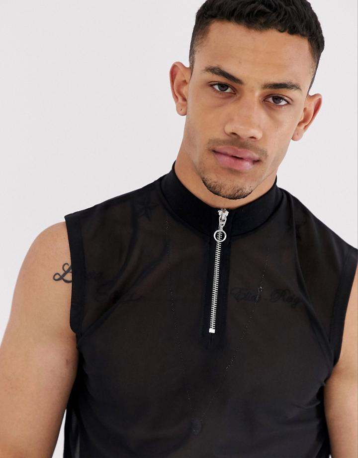 Asos Design Tank Tank With Turtle Zip Neck In Fine Mesh In Black