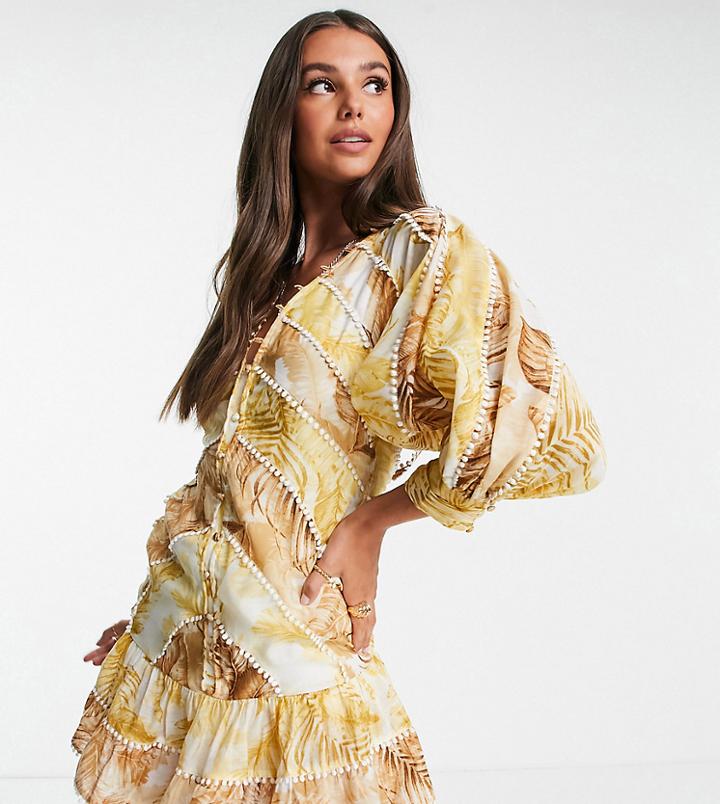 Asos Design Tall Palm Print Structured Mini Dress With Lace Trim Detail And Puff Sleeve-multi