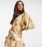 Asos Design Tall Palm Print Structured Mini Dress With Lace Trim Detail And Puff Sleeve-multi