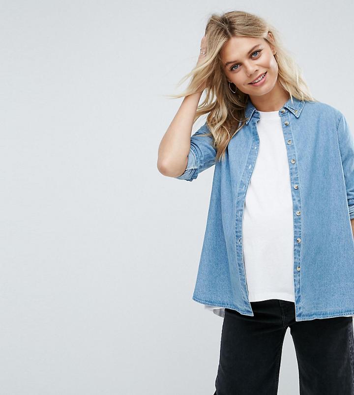 Asos Maternity Denim Shirt In Midwash Blue - Blue