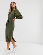 Asos Design Midi Rib Belted Dress With Woven Sleeves - Green