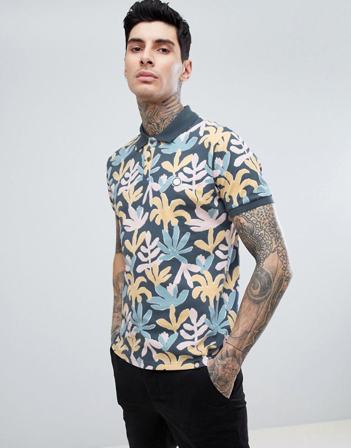 Pretty Green Slim Fit Spinnaker Floral Polo In Multi - Navy