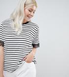 Asos Design Curve Boxy T-shirt With Lace Trim Detail In Stripe - Multi