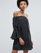 Influence Polka Dot Bardot Dress With Flare Sleeve - Black