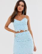 Love Triangle Cami Strap Cut Work Lace Crop Top Two-piece In Soft Blue