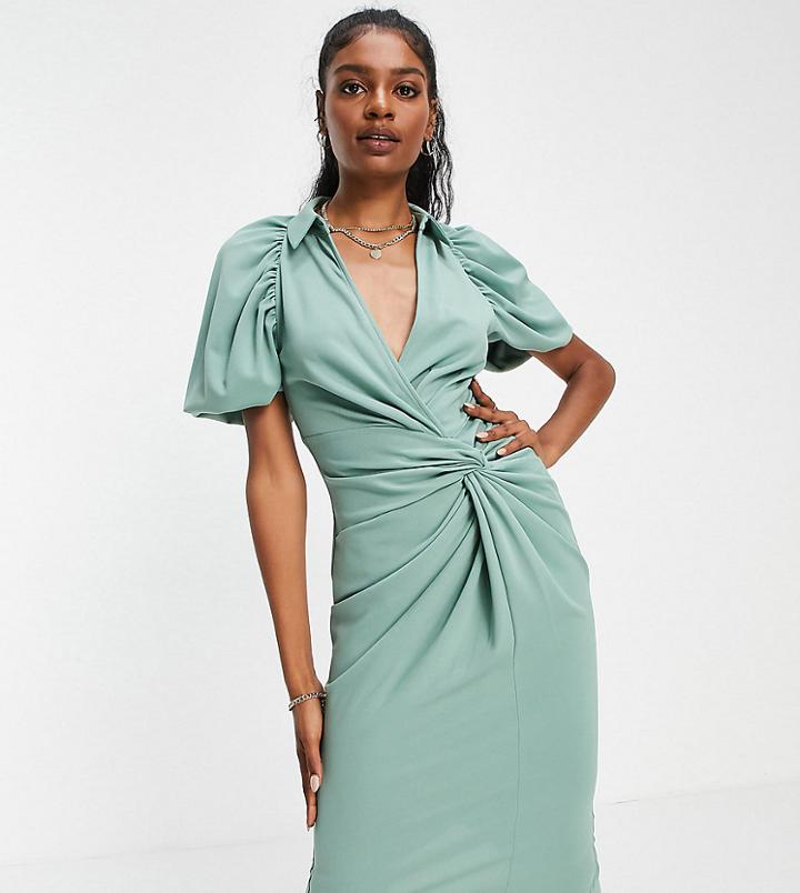 Asos Design Tall Shirt Knot Detail Wrap Midi Dress In Sage-green