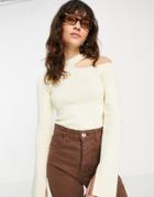 Topshop Knit Cut-out Shoulder Detail Top In Buttermilk-white