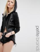 Noisy May Petite Hooded Faux Leather And Jersey Biker Jacket - Black