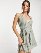 Asos Design Tie Wrap Around Mini Sundress In Self Grid Check In Khaki-green