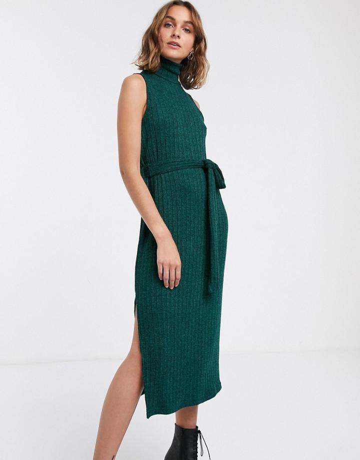 Asos Design High Neck Rib Midi Dress With Belt-orange