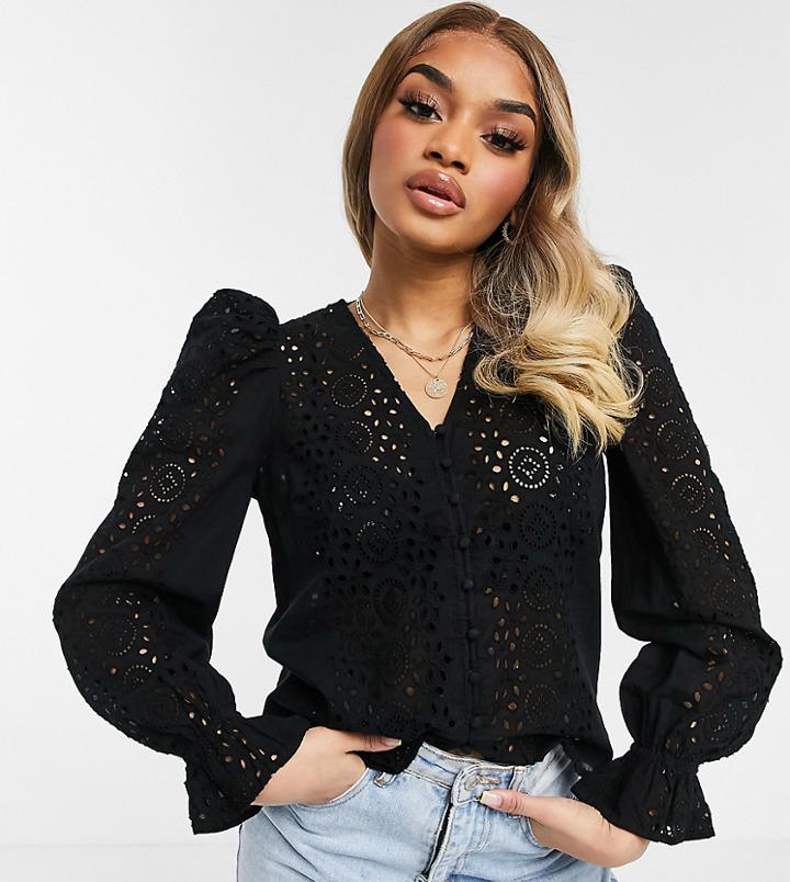 Vero Moda Petite Button Through Broderie Blouse In Black