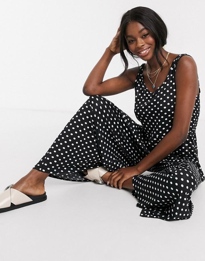 Asos Design Lounge Scoop Neck Smock Jumpsuit In Mono Polka Dot-multi