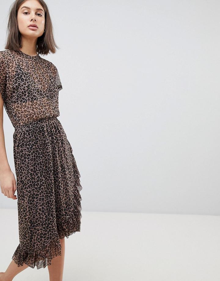 Moss Copenhagen Midi Dress With Ruffle Detail In Leopard Print - Brown