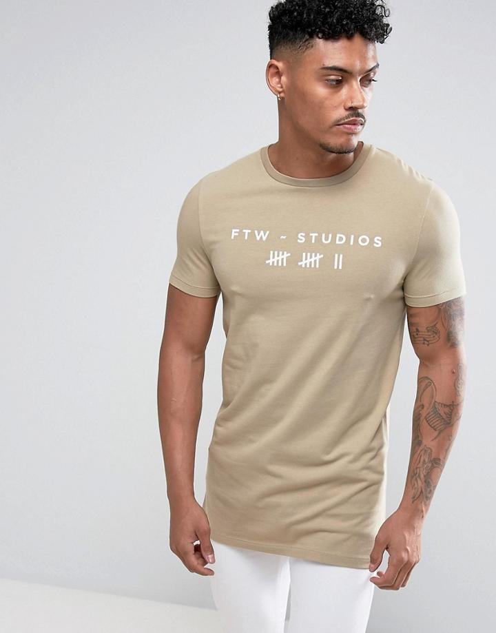 Asos Longline Muscle T-shirt With Text Print - Beige
