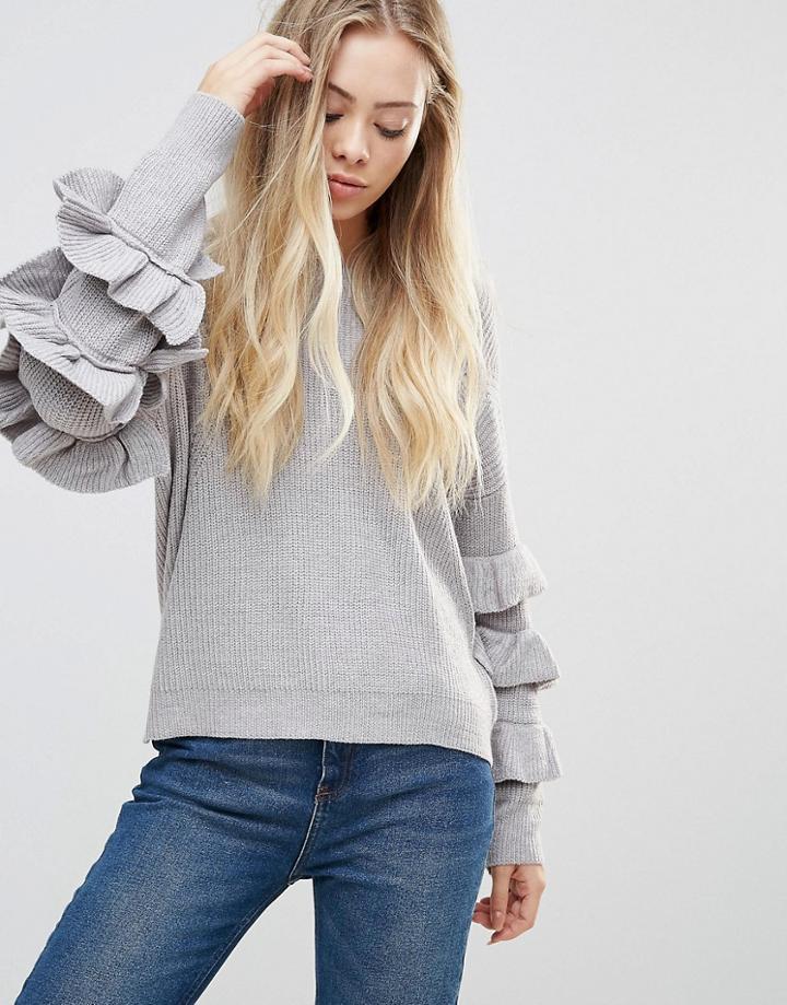 Wild Flower Sweater With Frill Detail Sleeves - Gray