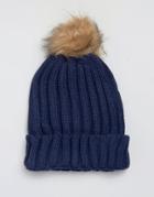 7x Cable Hat With Faux Fur Bobble In Navy - Navy
