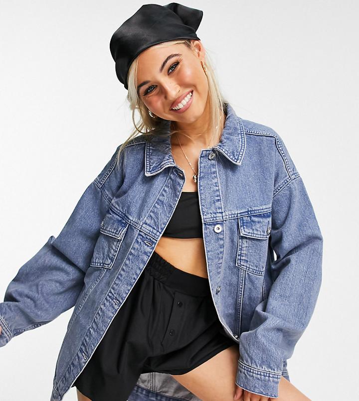 Collusion Denim Jacket With Dipped Hem In Washed Blue-blues