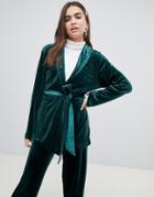 Monki Velvet Belted Blazer In Green - Green