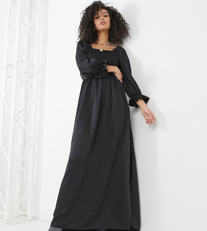 Asos Design Tall Shirred Satin Maxi Dress In Black