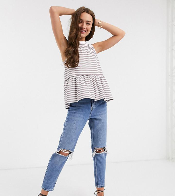 Topshop Petite Double Rip Mom Jeans In Mid Wash-blues