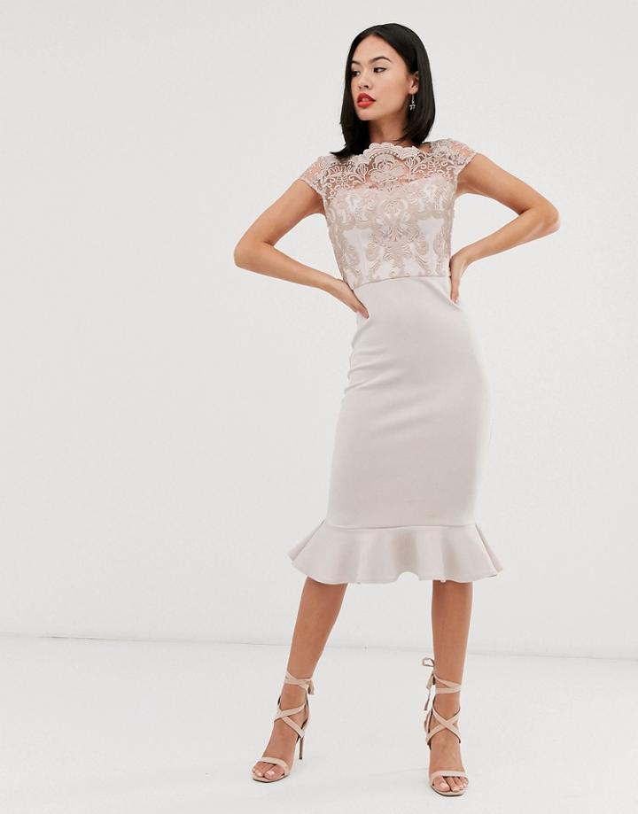 Chi Chi London Lace Midi Dress With Peplum Hem In Gray